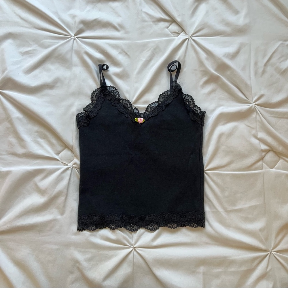 Black lace trim crop cami top with a cute pink rosette and adjustable straps
